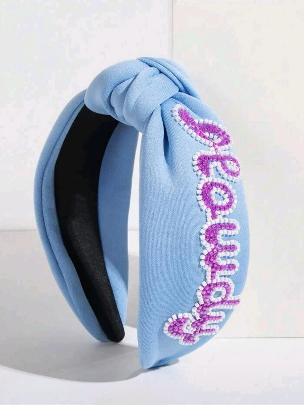HOWDY - Light Blue Knotted Headband with Purple White Beaded Script - Picture 1 of 1